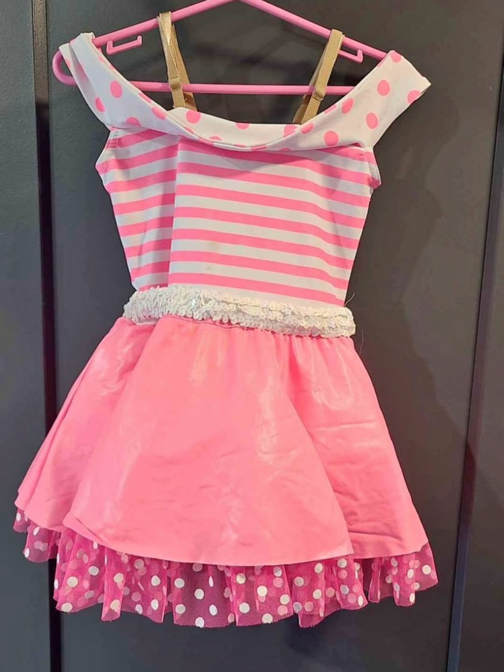 Pink Polka & Stripe Party Kids Halloween Costume Dress -7-10T